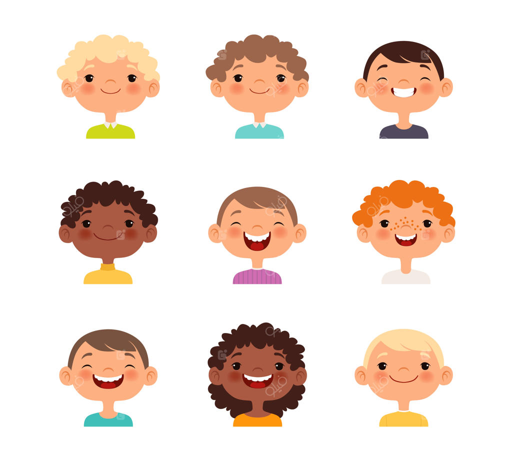 چهره‌های خوشحال پسران نوجوان با موهای بلوند، قهوه‌ای و قرمز در حال خنده - تصاویر دوستانه کودکان خوشحال