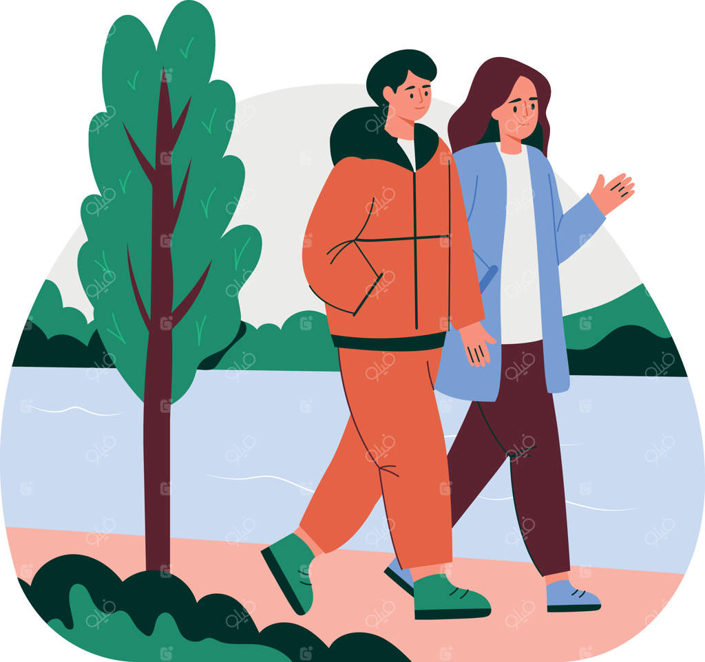 زوجی در باغ قدم می‌زنند، تصویرسازی به سبک تخت