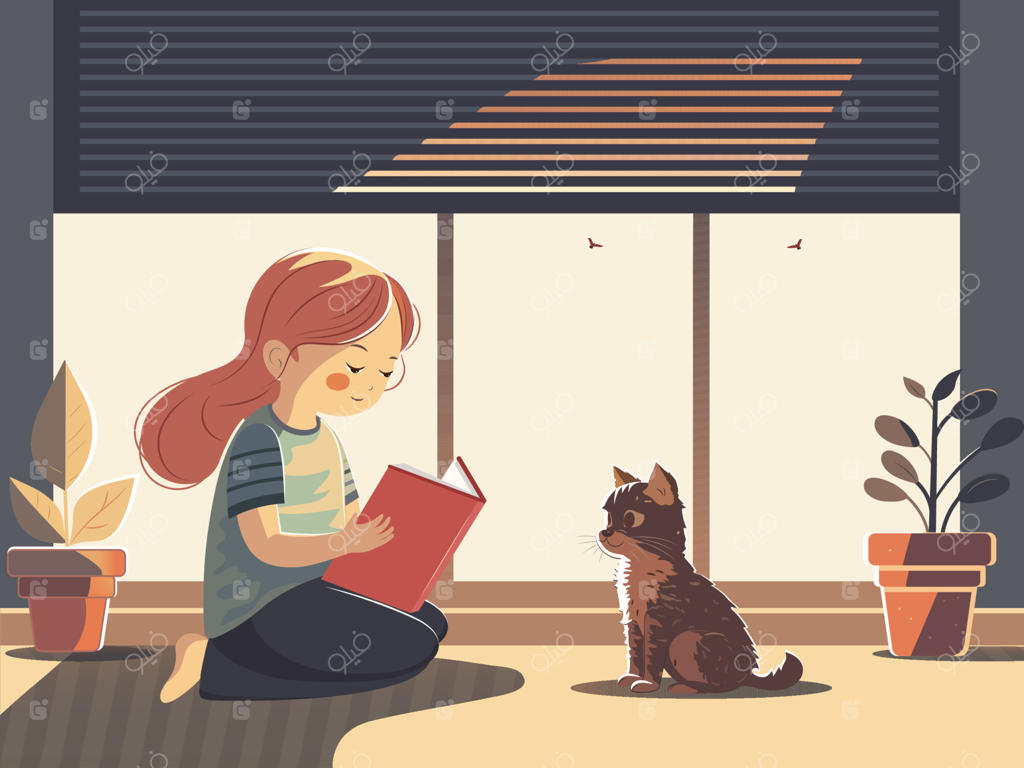 دختری جوان در حال خواندن کتاب با گربه بامزه کنارش، گلدان گیاه در پنجره باز با پرده کرکره‌ای راه‌راه.