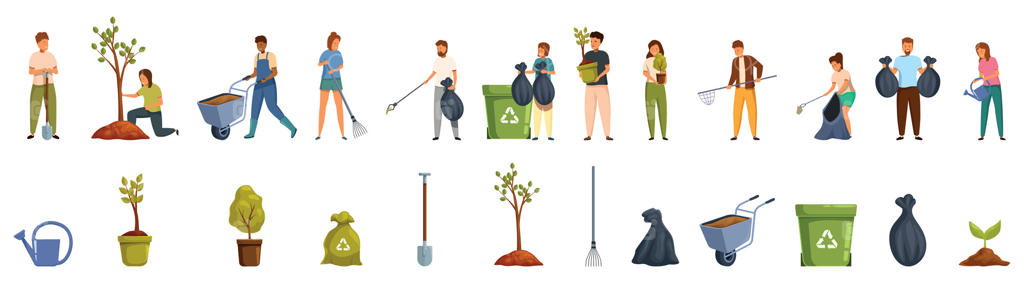 مجموعه‌ای از نمادهای فعالان محیط زیست: کاشت درخت، پاکسازی و باغبانی برای محیط زیستی پایدار