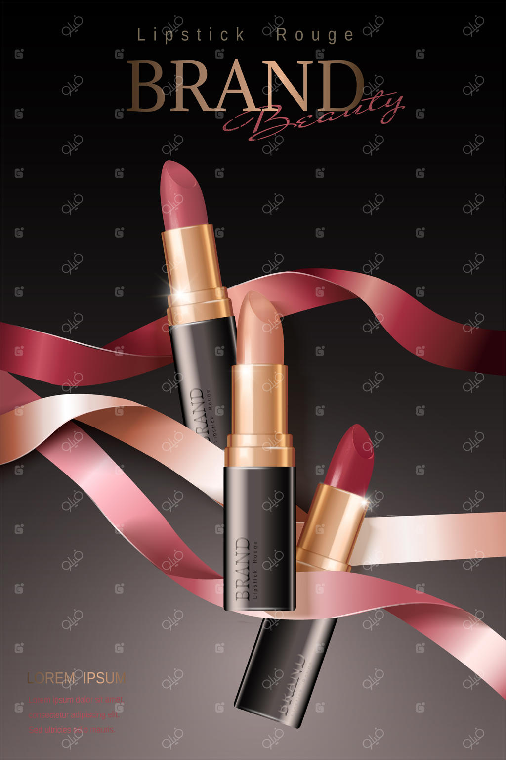 پوستر رژ لب‌های مد با روبان‌های موج‌دار، تصویرسازی سه‌بعدی