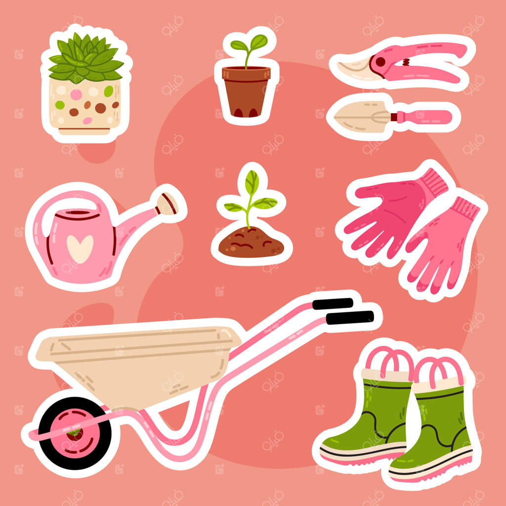 مجموعه صور برچسبی باغبانی صورتی شامل ابزار، گیاهان، فرقون، دستکش، چکمه، آبپاش و بسته‌های بذر. ایده آل برای برنامه‌ریزان باغ، پروژه‌های دستی و دکوراسیون منزل.