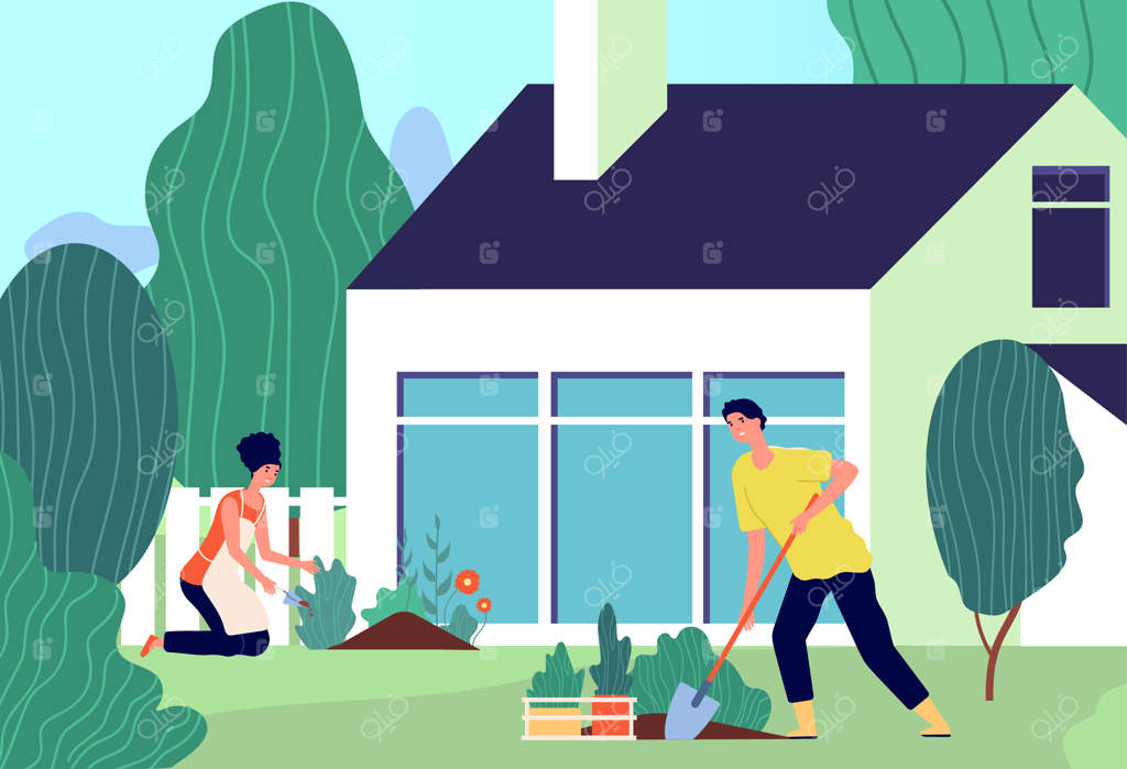 کاشت خانوادگی: زن و مرد در باغ کار می‌کنند - کاشت گل‌ها و سبزیجات در بهار و تابستان، سرگرمی در فضای باز