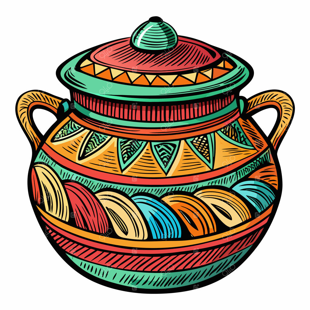 گلدان سفالی رنگارنگ با طرح‌های پیچیده و نقوش قبیله‌ای