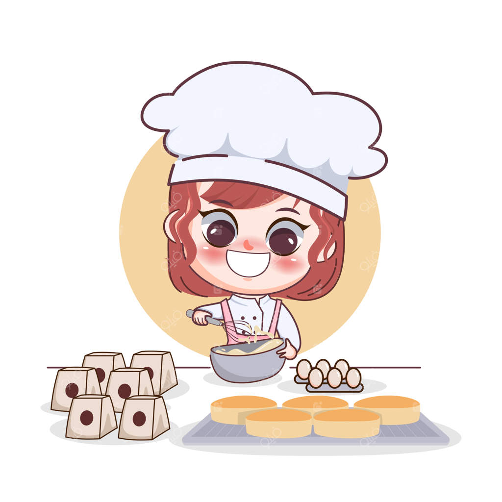 تصویر کارتونی دختر سرآشپز بامزه در حال پخت کیک تخم‌مرغی