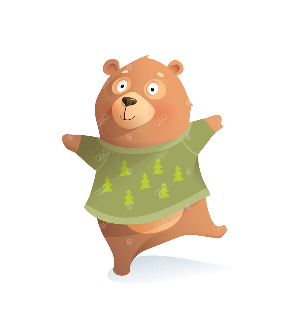 خرس با لباس زمستانی، طراحی شخصیت بامزه و دوست‌داشتنی. شخصیت حیوانی برای بازی و بغل‌کردن کودکان در زمستان. تصویرسازی کلیپ‌آرت وکتور برای بچه‌ها.