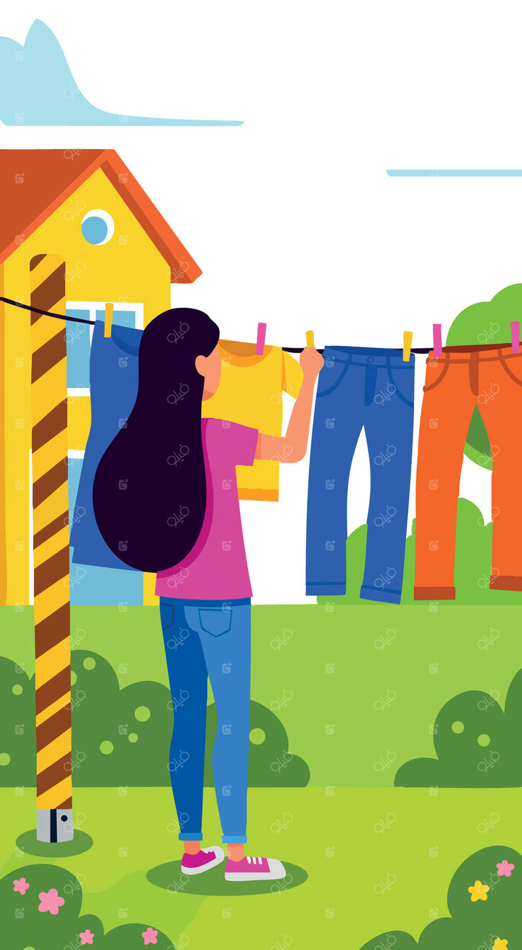 زنی که در روز آفتابی در باغ لباس پهن می‌کند، با خانه در پس‌زمینه