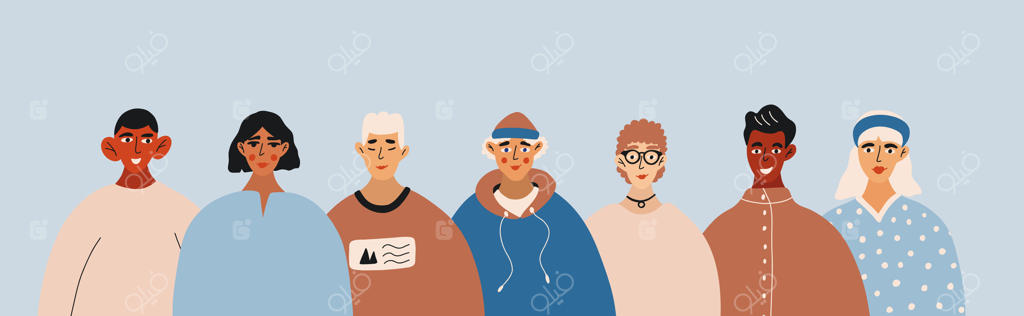 تصویرسازی کارتونی گروهی متنوع و خاص؛ وحدت در عین تفاوت. کاراکترهایی از ملیت‌ها و ادیان مختلف در جامعه‌ای چندملیتی. پترن مناسب برای وب‌سایت، شبکه‌های اجتماعی، مقاله، کتاب و بنر.