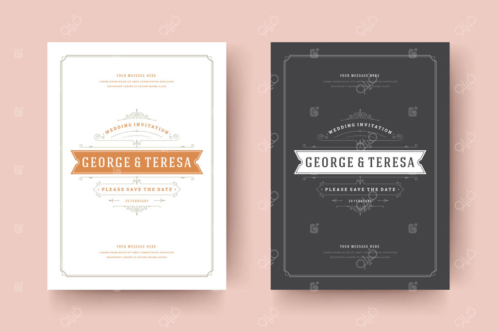 طراحی کارت دعوت عروسی با استفاده از الگوی تایپوگرافی کلاسیک برای یادآوری تاریخ.