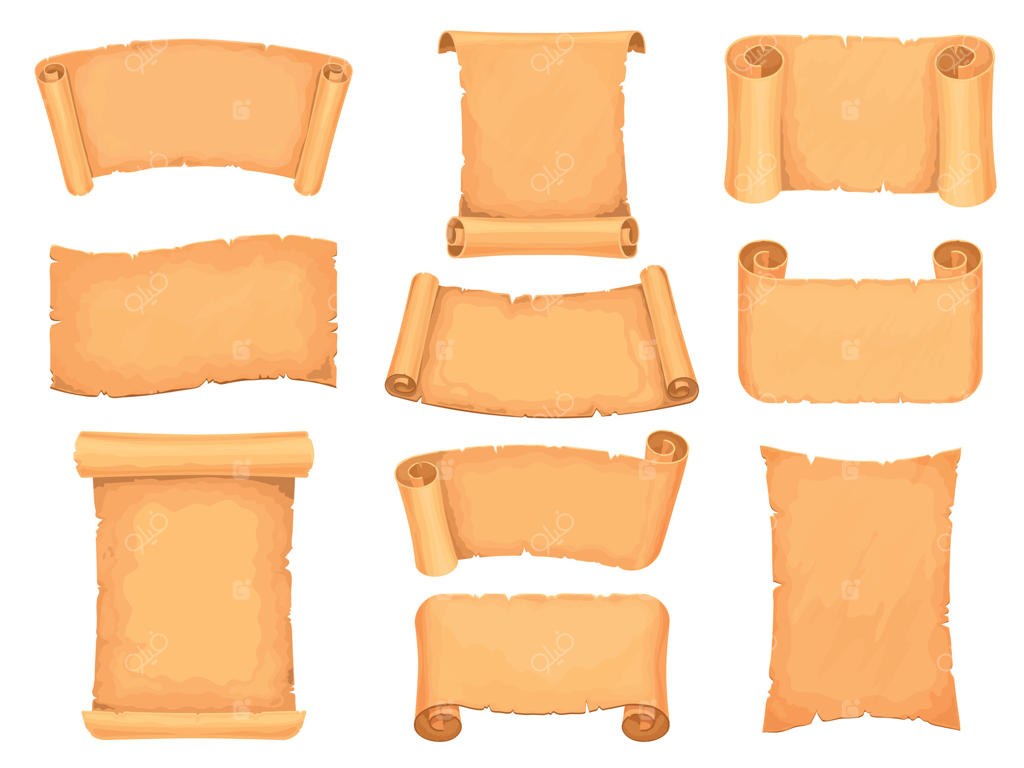 طومارهای کهن کارتونی و نسخه‌های خطی قدیمی: نقشه گنج فانتزی، دیپلم و نامه تاریخی. مجموعه وکتور طومارهای کهنه و قدیمی