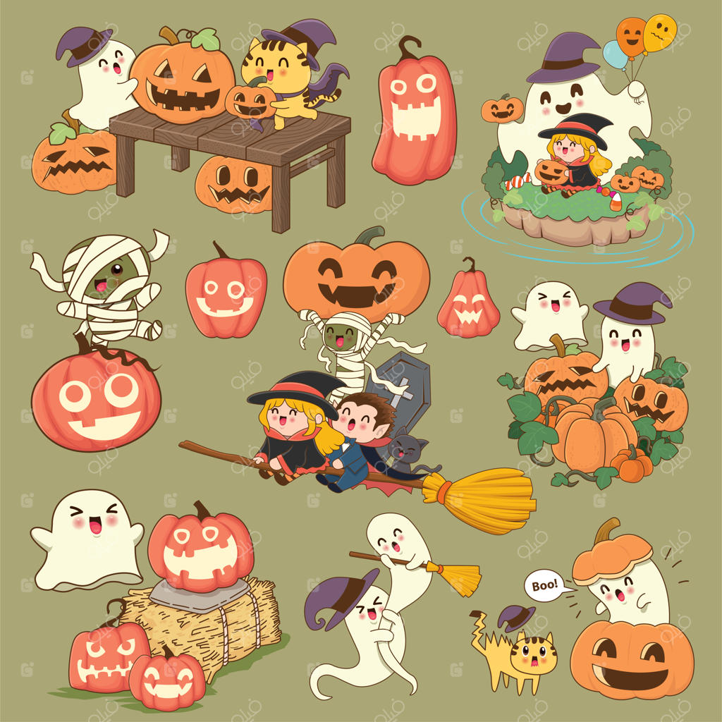 طراحی پوستر هالووین به سبک قدیمی با وکتورهایی از ومپایر، مومیایی، فانوس جک و روح.