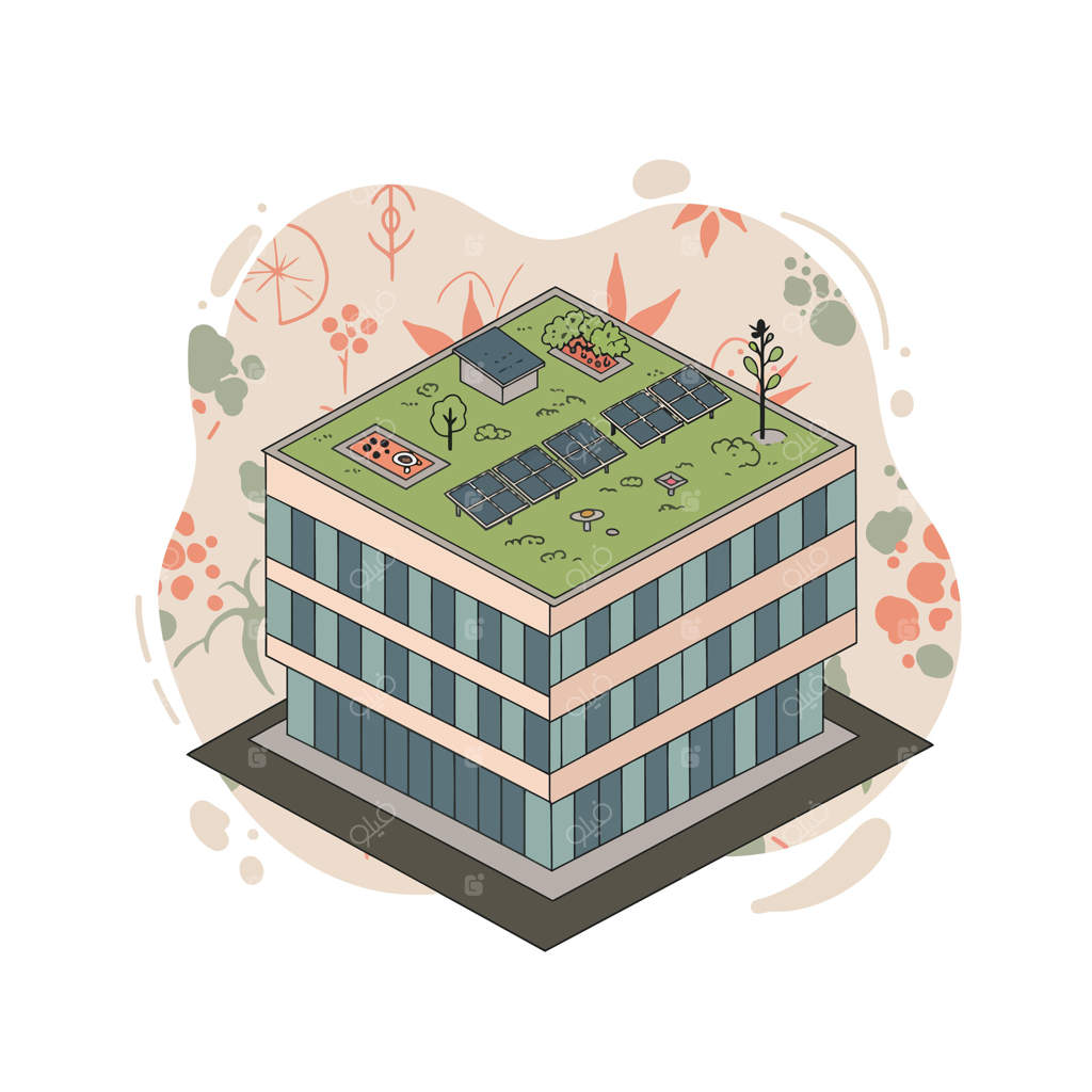 طراحی پایدار بام سبز بر روی ساختمان اداری مدرن با صفحه‌های خورشیدی و تصویر گیاهان سبز