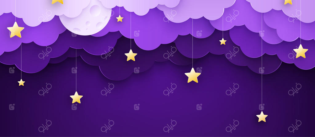تصویر وکتور: پس‌زمینه کارتونی بچگانه با ابرها و ستاره‌های آویزان.