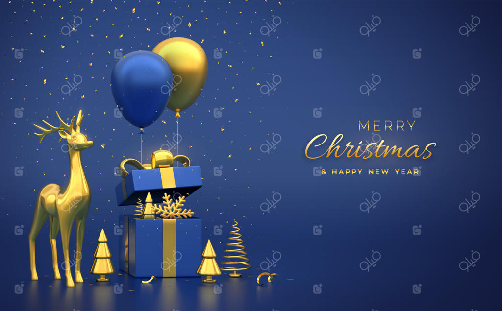 ترکیب بنر کریسمس با جعبه هدیه باز، گوزن طلایی، دانه برف، کاج فلزی، درختان کاج و بادکنک‌های هلیومی جشن سال نو - پس‌زمینه ای با درختان صنوبر و کاج، طرح وکتور سه‌بعدی کریسمس