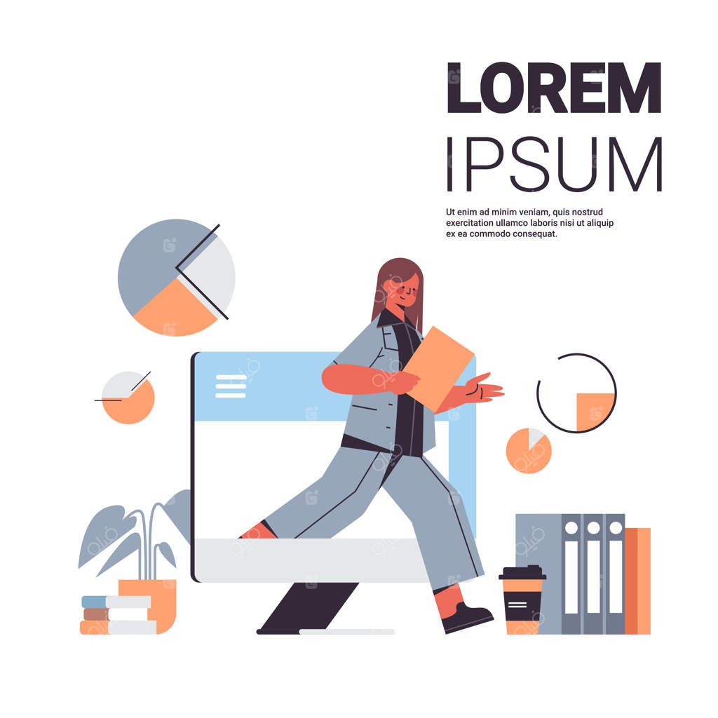 زن تاجر جذاب با پوشه از صفحه لپ‌تاپ بیرون می‌آید: مفهوم دیجیتال زدگی