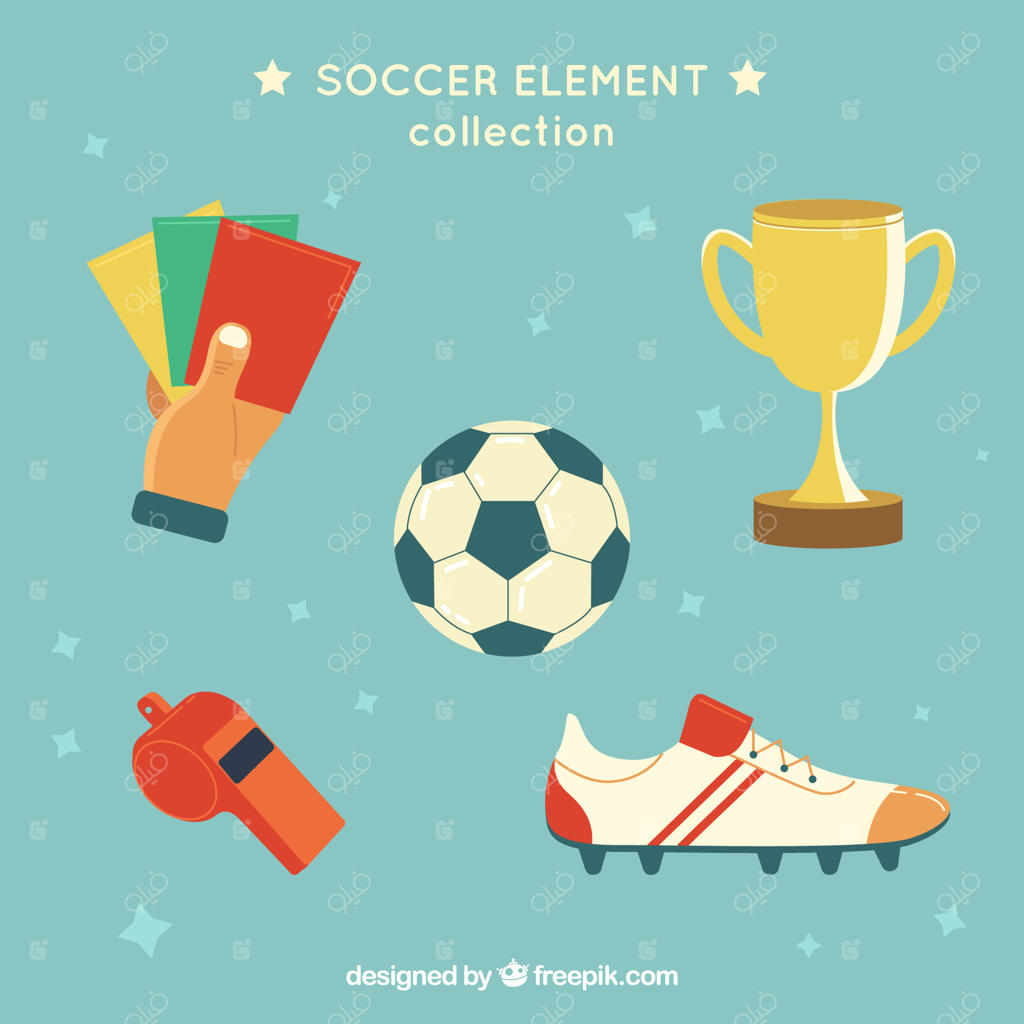 مجموعه‌ای از عناصر فوتبال به همراه تجهیزات در سبک طراحی ساده