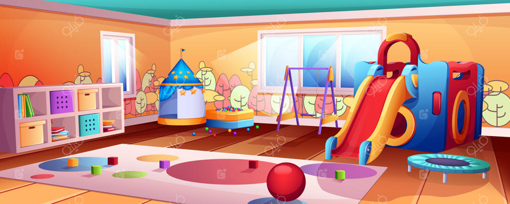 مهدکودک یا باشگاه کودکان کارتونی؛ نمای داخلی اتاق بازی با سرسره، تاب، ترامپولین و استخر توپ. زمین بازی سرپوشیده خالی، اتاق بازی در پارک کودک، مهدکودک با اسباب‌بازی و فرش اتاق کودک.