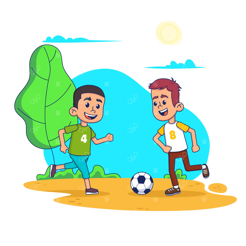 بچه‌ای در حال فوتبال بازی در زمین بازی - تصویر کارتونی کودکان شاد و خندان