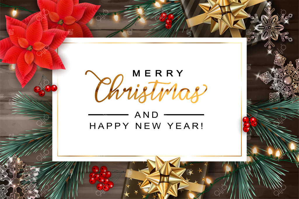 پس‌زمینه کریسمس و سال نو با جعبه‌های هدیه و تزئینات واقع‌گرایانه