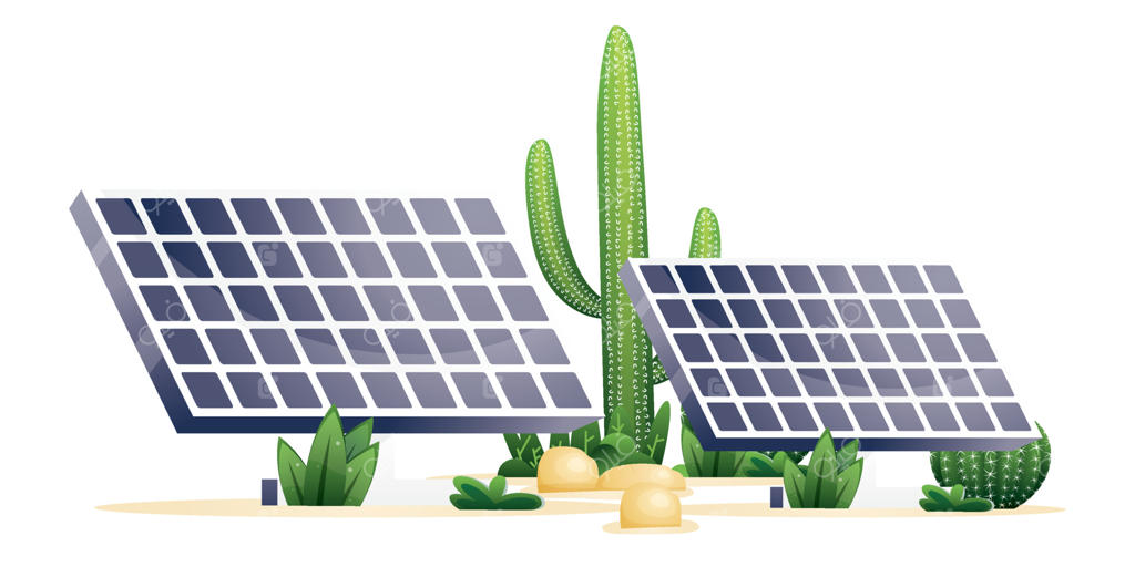 دو صفحه خورشیدی و گیاهان بیابانی در پس‌زمینه سفید. کاکتوس‌ها و سنگ‌ها.