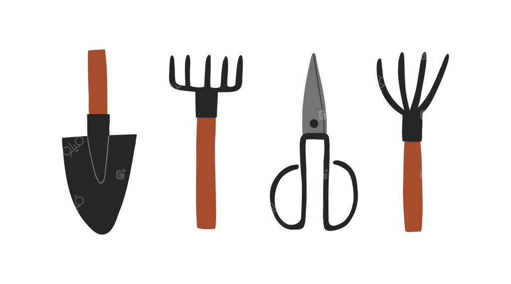مجموعه ابزار باغبانی شامل بیل، شن‌کش، قیچی و چنگک. طراحی ساده با دسته‌های چوبی قهوه‌ای. مناسب برای تصاویر باغ، کشاورزی و محوطه‌سازی