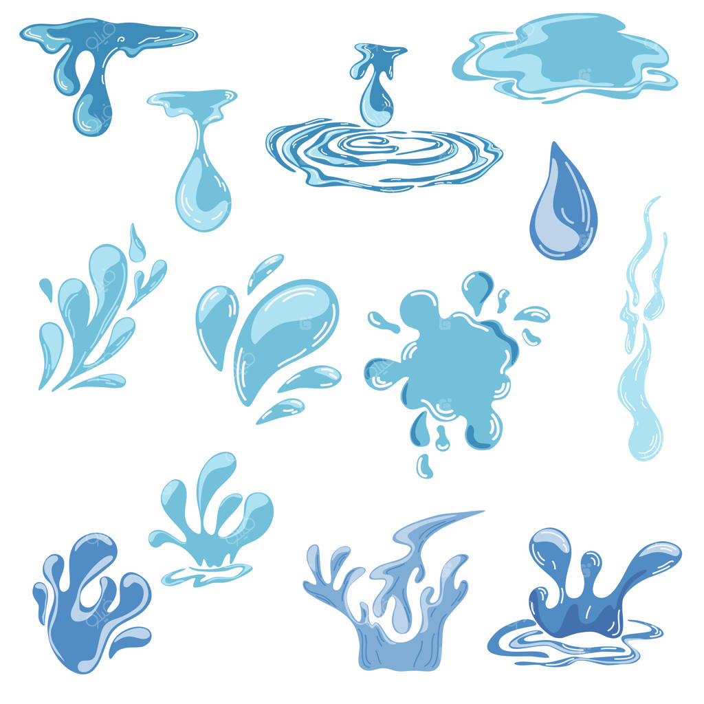 مجموعه آیکون‌های متنوع قطرات آب شامل قطره‌های روان، امواج، اشک و پاشش‌های طبیعت؛ تصویرسازی وکتور کارتونی از ریزش مایع، رطوبت و طراوت دریای تابستانی