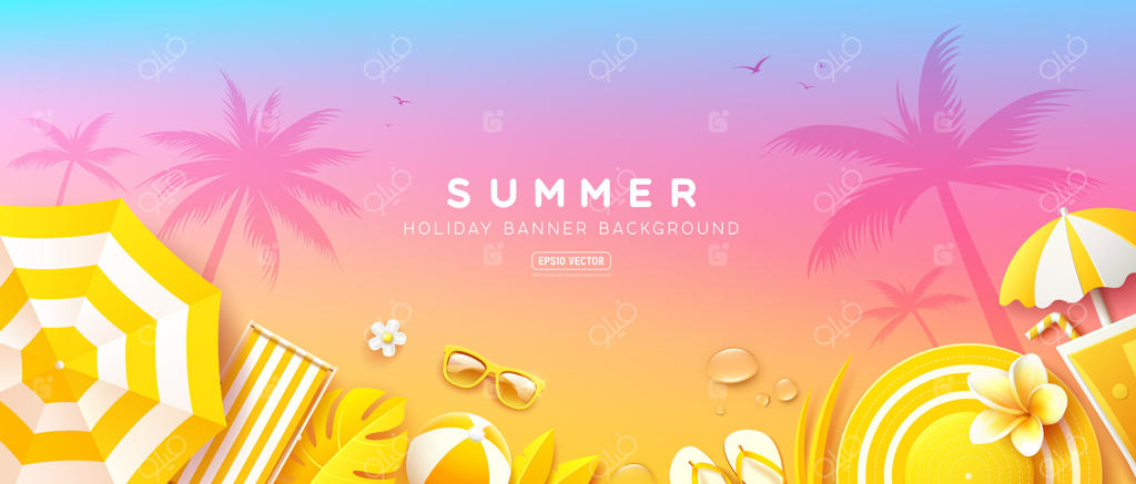 بنر جشنواره گردشگری تابستان، ایده تعطیلات گرمسیری با رنگ‌های زرد و بنفش، پس‌زمینه بنفش و زرد