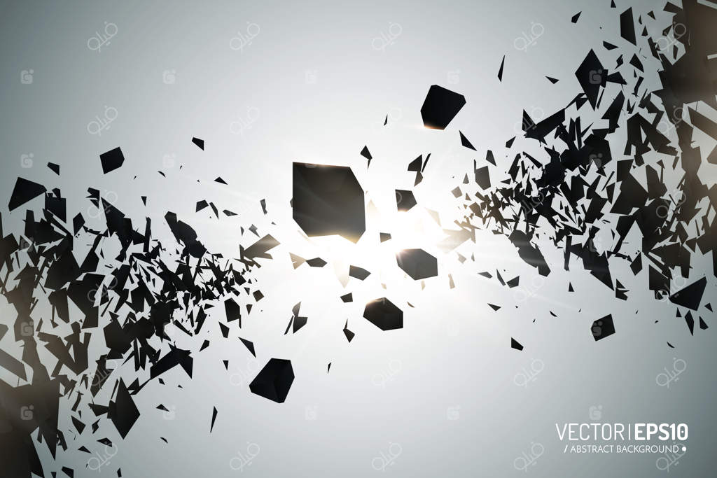 انفجار قدرتمند: ذرات سیاه بر زمینه تاریک. ابر انفجار تکه‌های سیاه با نورهای درخشان. انتزاعی