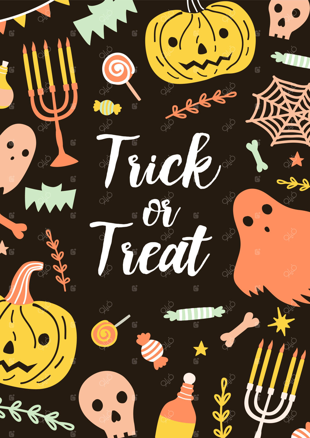 قالب کارت یا کارت پستال عمودی هالووین با نوشته "قاشق زنی" در محاصره موجودات ترسناک و آیتم‌های جادویی