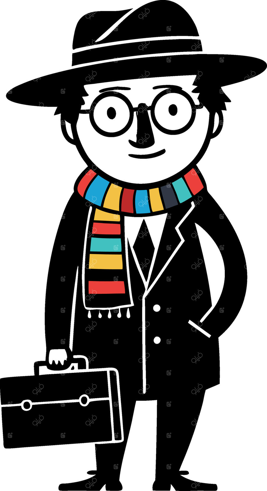 تاجر کارتونی شیک‌پوش با کت‌وشلوار قدیمی، کیف دستی و شال‌گردن رنگارنگ