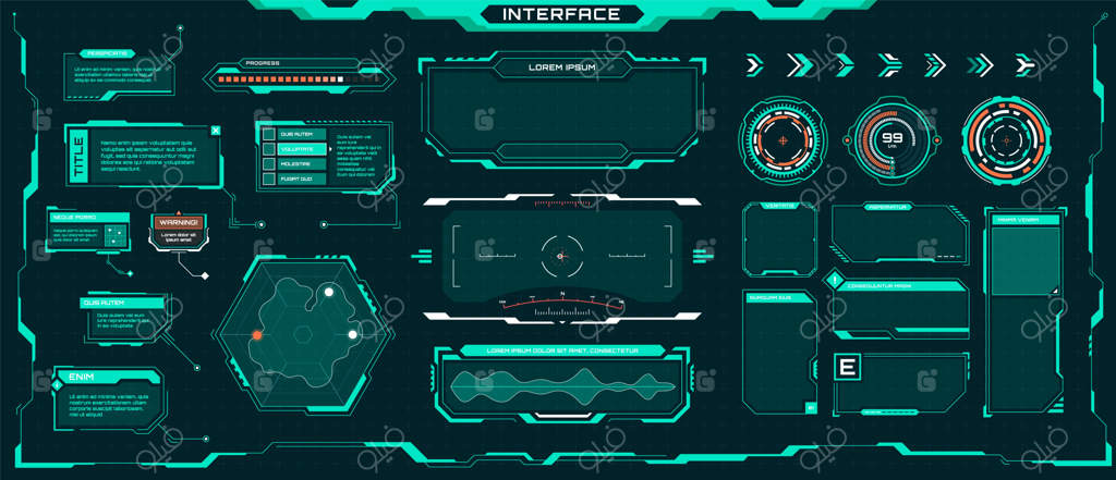 عناصر رابط کاربری آینده‌نگر: مجموعه قاب‌ها و پیکان‌های دیجیتال علمی-تخیلی و عنوان‌های توضیحی
