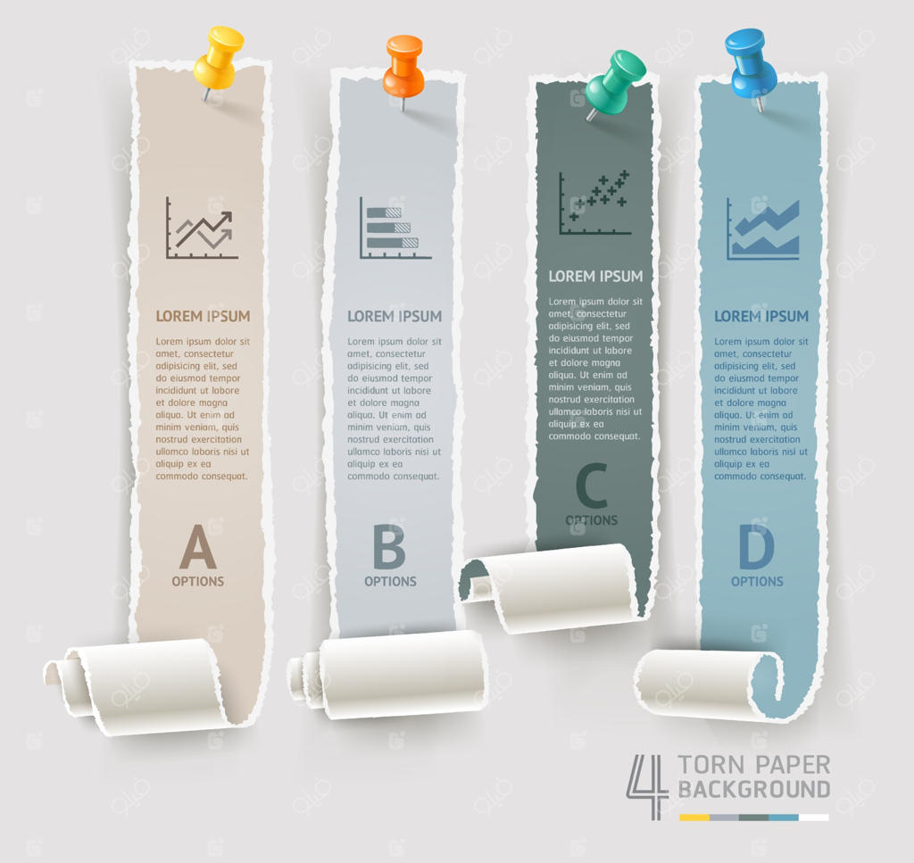 قالب اینفوگرافیک کاغذ پاره و پونز. تصویر برداری. مناسب برای نمودار روند کاری، دیاگرام، گزینه‌های شماره‌دار، مراحل، بنر و طراحی وب.