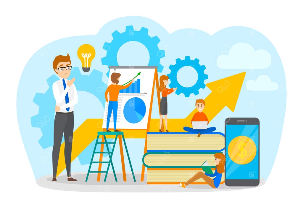 کارآفرینان کوچک در همکاری—ایجاد استراتژی و دستیابی به موفقیت. مردی روی نردبان که ارائه می‌دهد. فرایند کاری. تصویر وکتور تخت و ایزوله شده