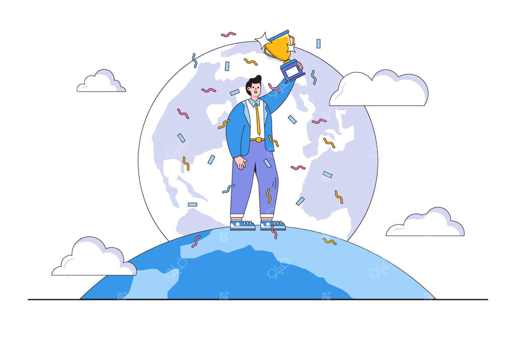 کارآفرینان موفق جهان: پیروزی در رقابت جهانی و دستیابی به موفقیت  
کارآفرین ایستاده بر روی کره زمین و در دست گرفتن جام قهرمانی