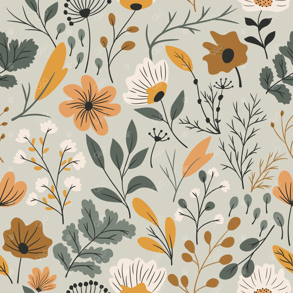 الگوی بدون درز زیبا با طرح گل‌ها و گیاهان وحشی