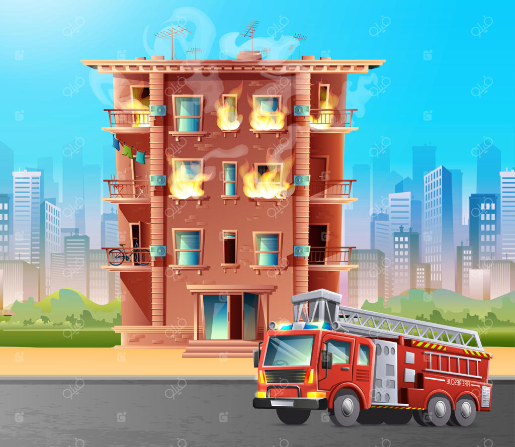 تصویرسازی به سبک کارتون از ساختمان در حال آتش‌سوزی با ماشین آتش‌نشانی در جلوی آن برای نجات.