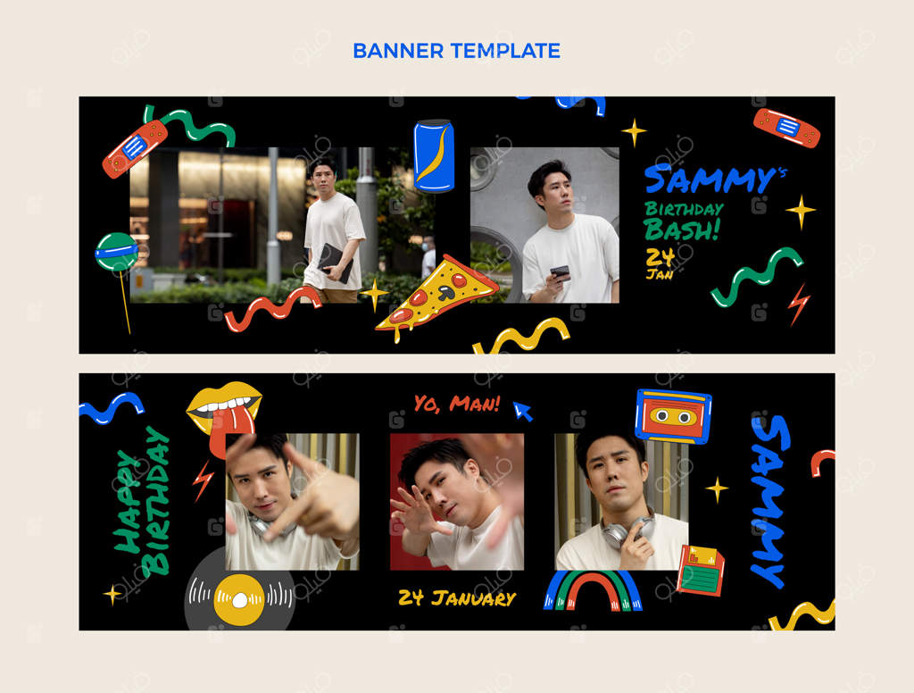 بنرهای افقی دست‌کشیده تولد با تم نوستالژی دهه ۹۰