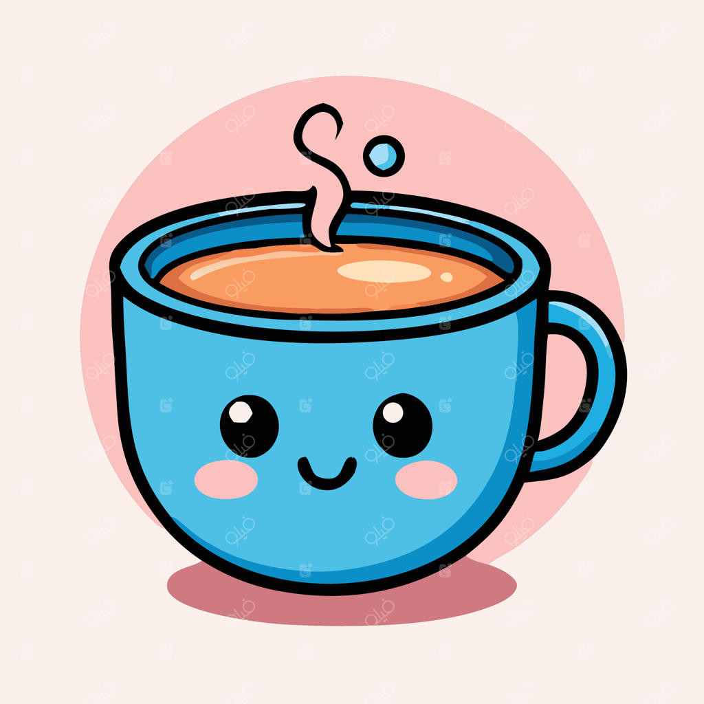 تصویر کارتونی ماگ قهوه آبی خندان با بخار روی پس‌زمینه صورتی کم‌رنگ