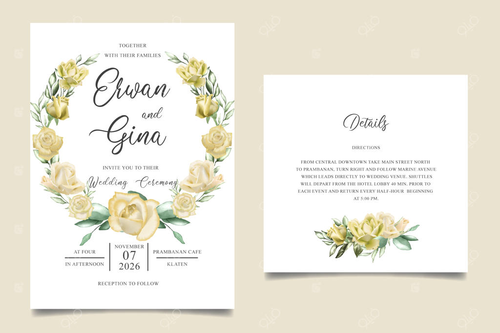 طراحی کارت دعوت عروسی با الگوهای آبرنگی گل‌ها و برگ‌ها