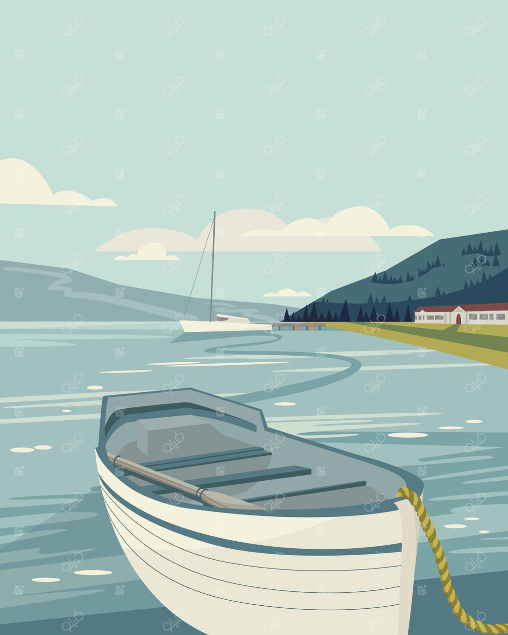 چشم‌انداز دریا با قایق قدیمی در پیش‌زمینه و قایق تفریحی، خانه و کوه‌ها.