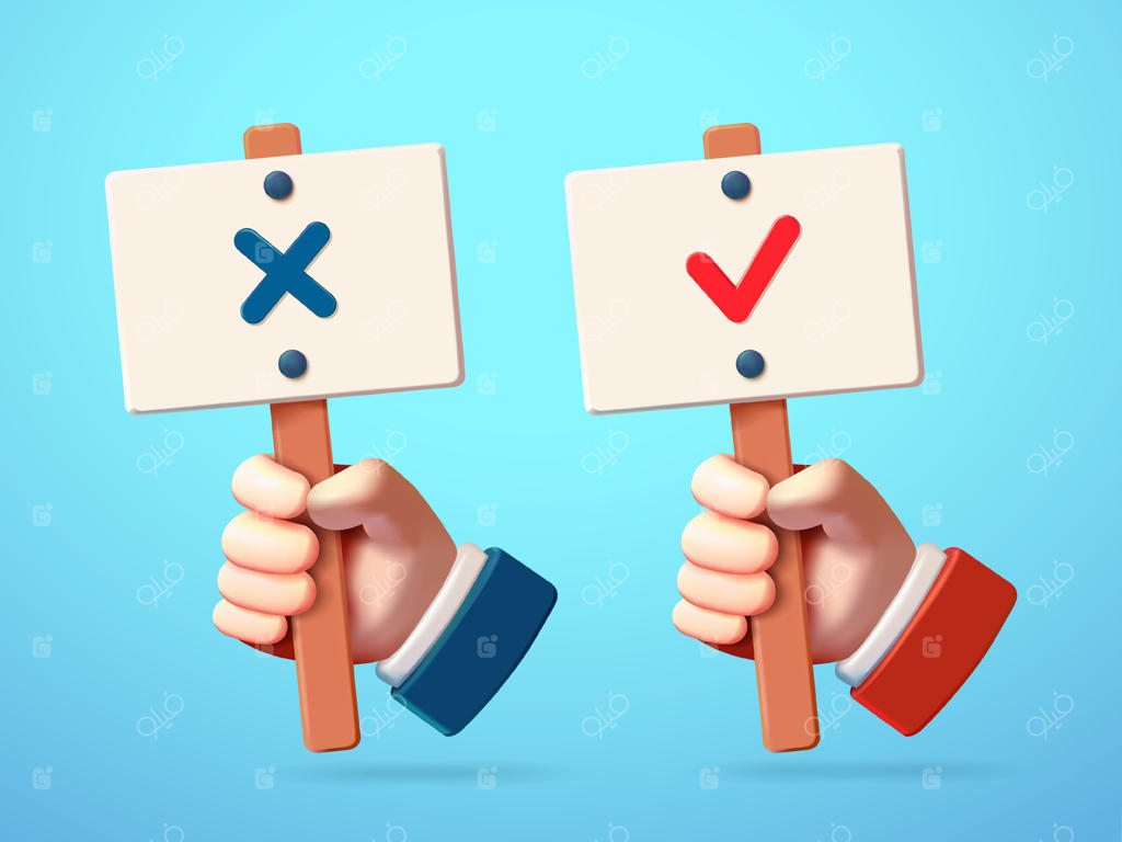 دست در حال نگه‌داشتن تابلوهای "بله" و "خیر"، سه‌بعدی. مناسب برای عناصر طراحی