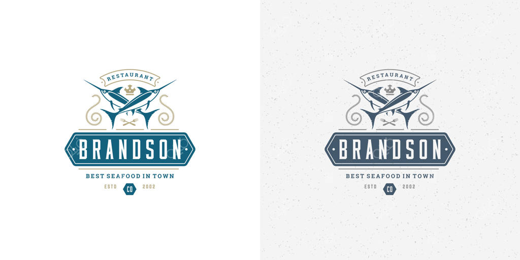 لوگو یا نشان غذاهای دریایی: طراحی الگوی نماد بازار ماهی و رستوران همراه با تصویر سیلوئت اره‌ماهی