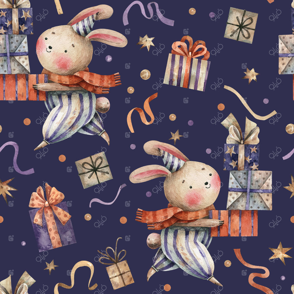 خرگوش‌های بانمک در لباس‌های بامزه با جعبه‌های هدیه - الگوی آبرنگی بی‌نهایت. تولدت مبارک!