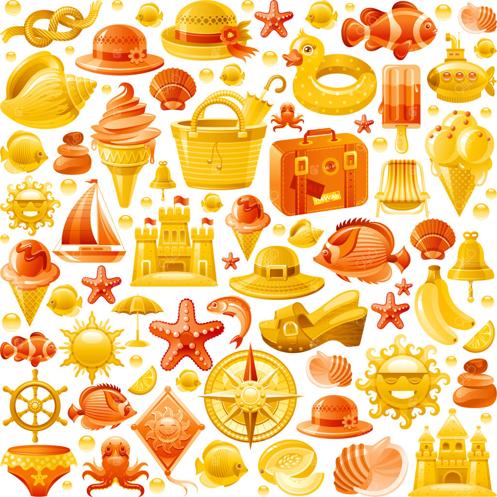 الگوی تعطیلات در ساحل دریا. پس‌زمینه کارتونی زیبا با آیکون‌های استراحت دریایی - چمدان، صدف دریایی، قلعه شنی، بستنی، کلاه حصیری.