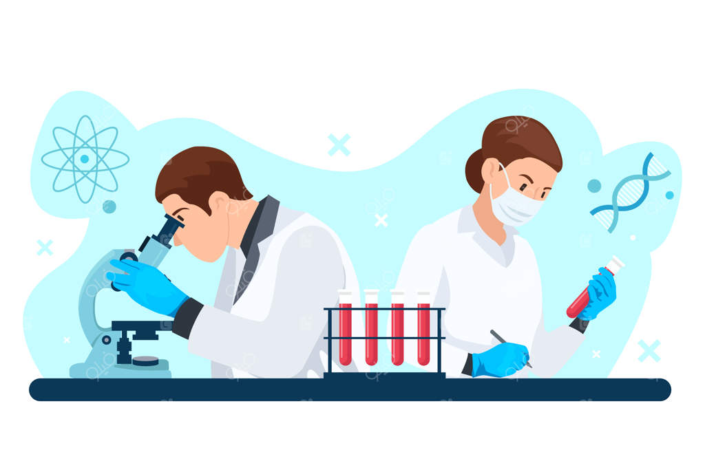 دو دانشمند در حال کار در یک پس‌زمینه سفید و ایزوله‌شده