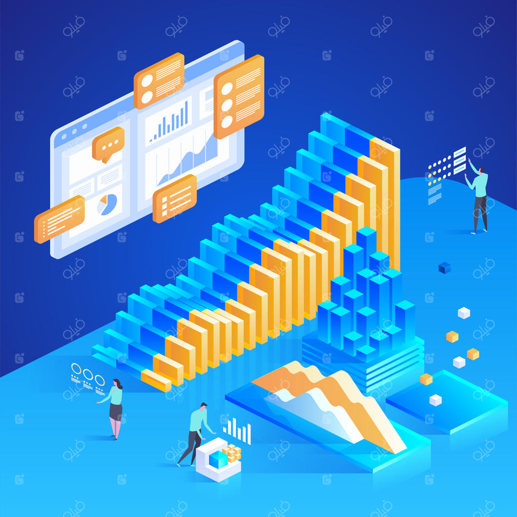تحلیل داده، آمار آنلاین، تصویر ایزومتریک برای صفحه فرود، طراحی وب، بنر و ارائه.