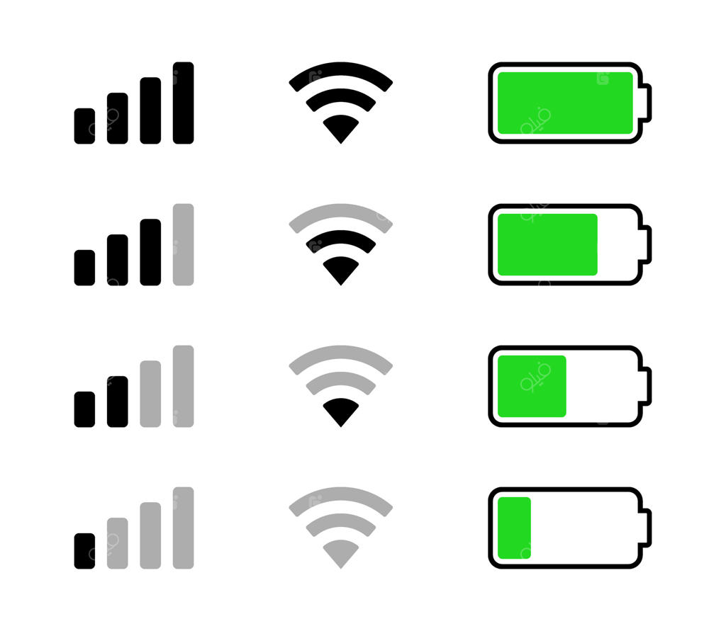 نمادهای نوار اعلان: وای‌فای، باتری، سیگنال، داده موبایل