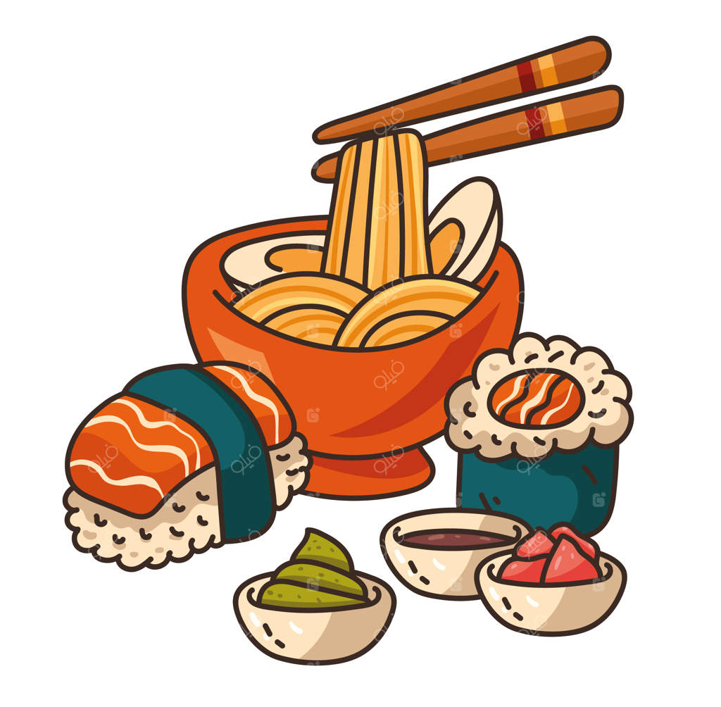 ایده طراحی برچسب غذاهای آسیایی به سبک هنر خطی و کارتون