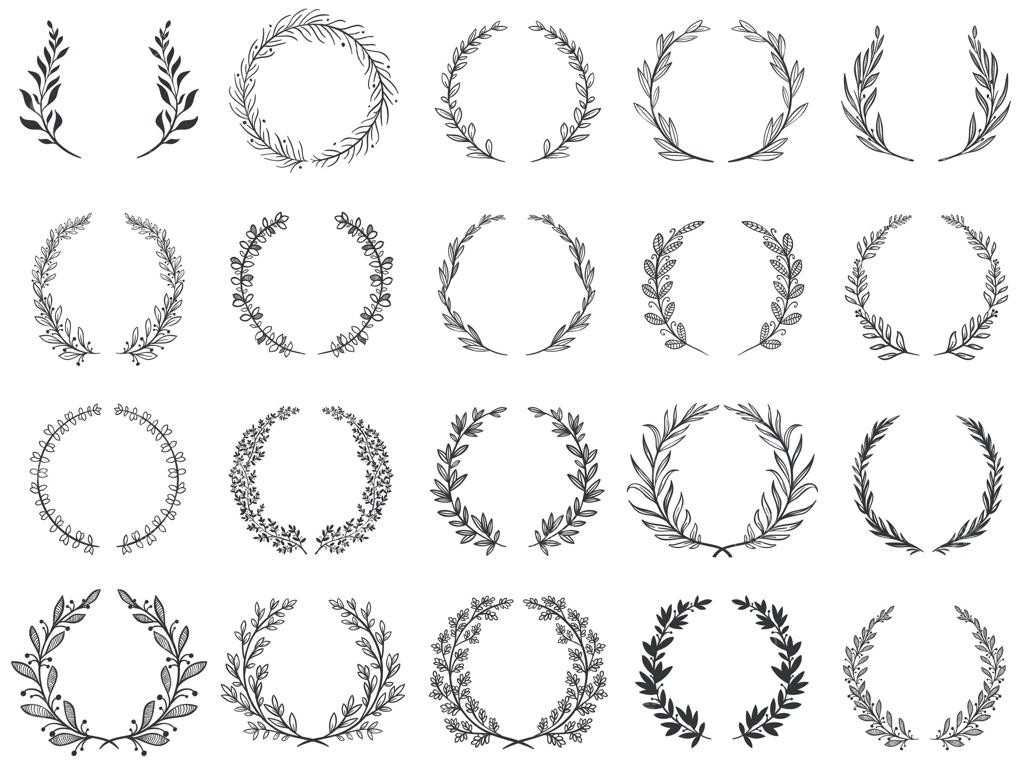 شاخه های زینتی و تاج گل. تاج برگ‌های غار، شاخه‌های زیتون و مجموعه فریم‌های دایره‌ای گل