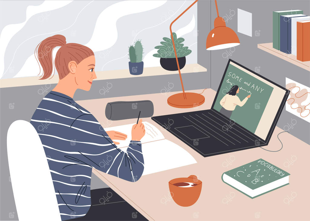 زنی در حال تماشای کلاس آنلاین بر روی صفحه نمایش لپ‌تاپ.